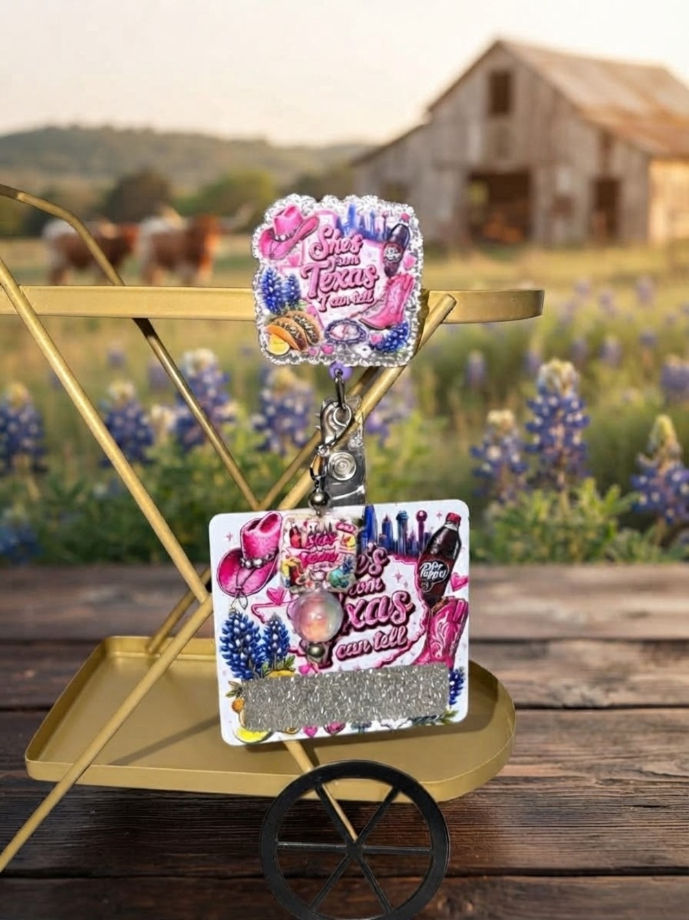 Pink "She's From Texas" Badge Reel with Card Holder